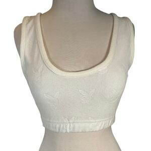 Playboy x Missguided Y2K Coquette Crop Tank Top White Bunny Logo Velour Size 0